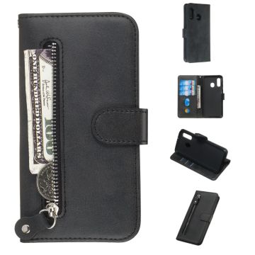 Zipper Pocket Leather Wallet Case for Samsung Galaxy A40 - Black