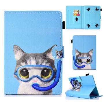 Patterned 10-" Tablet Universal Vegan Leather Wallet Case iPad 9.7 (2018) / Lenovo Tab 4 10 Plus and more - Diving Cat