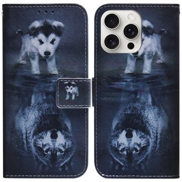 iPhone 16 Pro Max Wallet Case Pattern Print Leather Phone Cover - Dog and Wolf