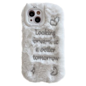 iPhone 15 Case Cat Ear Fuzzy Furry Winter Flexible Embroidered Phone Cover - White