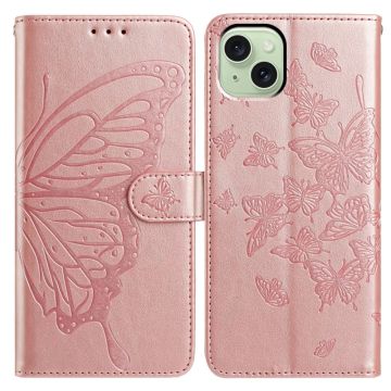 iPhone 15 Case Butterfly Imprinted Wallet Stand Vegan Leather Flip Phone Cover with Strap - Rose Gold