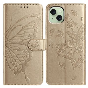 iPhone 15 Case Butterfly Imprinted Wallet Stand Vegan Leather Flip Phone Cover with Strap - Gold