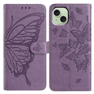 iPhone 15 Case Butterfly Imprinted Wallet Stand Vegan Leather Flip Phone Cover with Strap - Purple