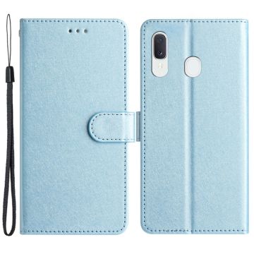 Magnetic Clasp Case for Samsung Galaxy A20e Silk Texture Leather Wallet Stand Well-protected Shell with Hand Strap - Sky Blue