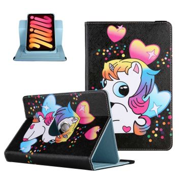 Rotating Vegan Leather Cover for 8-" Tablet, Pattern Printing Elastic Band Folio Stand Protective Case with Card Slots - Cute Horse