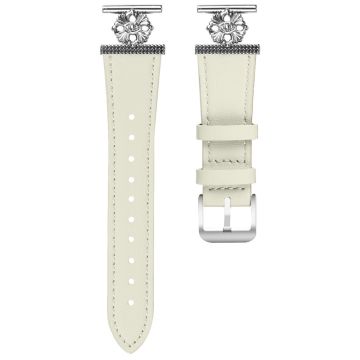 Huawei Watch GT 3 Pro 43mm Watch Band Genuine Cow Leather Flower Decor Adjustable Strap - White