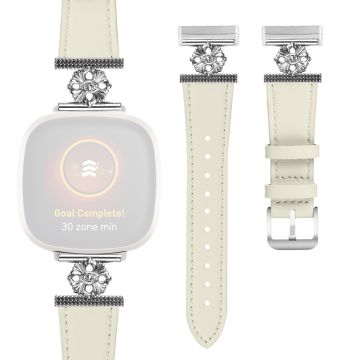 Fitbit Versa 3 / Sense Watch Band Genuine Cow Leather Flower Decor Adjustable Strap - White