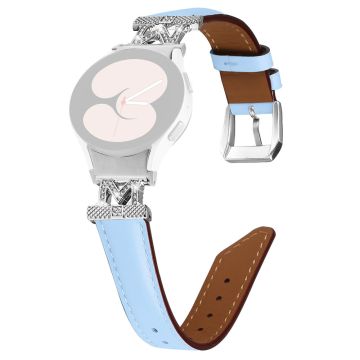 Watch Band Samsung Galaxy Watch Universal Genuine Cow Leather Rhinestone M-shape Connector Strap with Silver Buckle - Blue