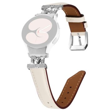 Watch Band Samsung Galaxy Watch Universal Genuine Cow Leather Rhinestone M-shape Connector Strap with Silver Buckle - Apricot