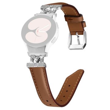 Watch Band Samsung Galaxy Watch Universal Genuine Cow Leather Rhinestone M-shape Connector Strap with Silver Buckle - Brown