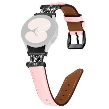 Genuine Cow Leather Band Samsung Galaxy Watch Universal Rhinestone M-shape Connector Watch Strap with Black Buckle - Pink