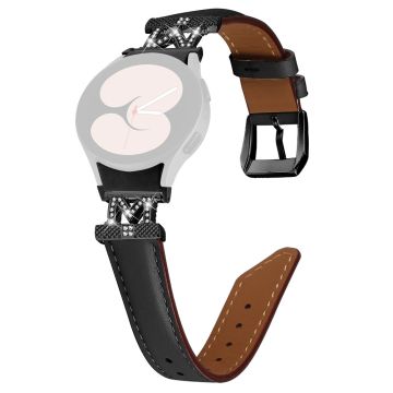 Genuine Cow Leather Band Samsung Galaxy Watch Universal Rhinestone M-shape Connector Watch Strap with Black Buckle - Black