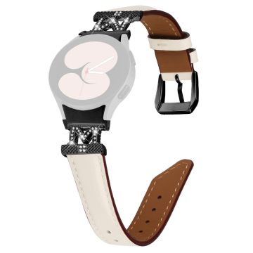 Genuine Cow Leather Band Samsung Galaxy Watch Universal Rhinestone M-shape Connector Watch Strap with Black Buckle - Apricot