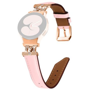 Watch Strap Samsung Galaxy Watch Universal Rhinestone M-shape Connector Genuine Cow Leather Band with Rose Gold Buckle - Pink