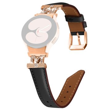 Watch Strap Samsung Galaxy Watch Universal Rhinestone M-shape Connector Genuine Cow Leather Band with Rose Gold Buckle - Black