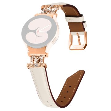 Watch Strap Samsung Galaxy Watch Universal Rhinestone M-shape Connector Genuine Cow Leather Band with Rose Gold Buckle - Apricot