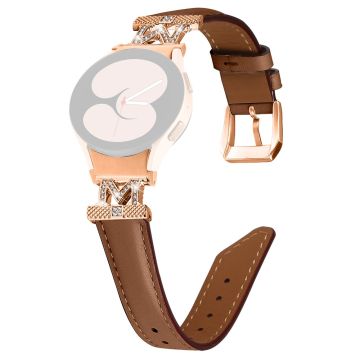 Watch Strap Samsung Galaxy Watch Universal Rhinestone M-shape Connector Genuine Cow Leather Band with Rose Gold Buckle - Brown