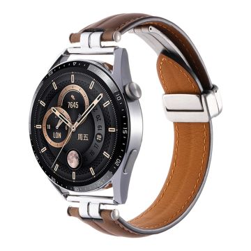 22mm Watch Strap for Samsung Galaxy Watch3 45mm / Garmin Venu 3 Stainless Steel Folding Buckle Leather Band - Brown / Silver Buckle Buckle