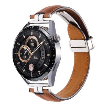 22mm Watch Strap for Samsung Galaxy Watch3 45mm / Garmin Venu 3 Stainless Steel Folding Buckle Leather Band - Caramel / Silver Buckle Buckle