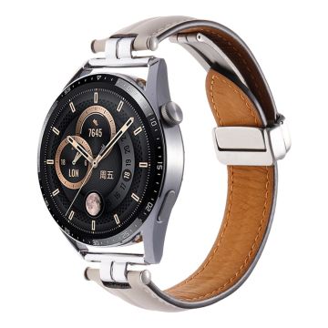 22mm Watch Strap for Samsung Galaxy Watch3 45mm / Garmin Venu 3 Stainless Steel Folding Buckle Leather Band - Beige / Silver Buckle Buckle