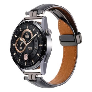 22mm Watch Strap for Samsung Galaxy Watch3 45mm / Garmin Venu 3 Stainless Steel Folding Buckle Leather Band - Grey Blue / Black Buckle Buckle