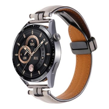 22mm Watch Strap for Samsung Galaxy Watch3 45mm / Garmin Venu 3 Stainless Steel Folding Buckle Leather Band - Beige / Black Buckle Buckle