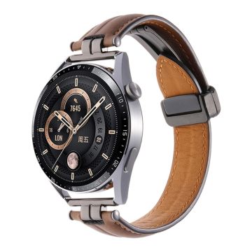 22mm Watch Strap for Samsung Galaxy Watch3 45mm / Garmin Venu 3 Stainless Steel Folding Buckle Leather Band - Brown / Black Buckle Buckle