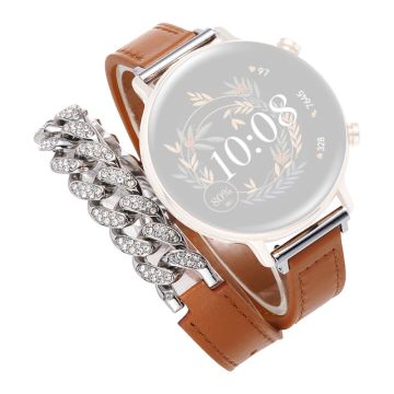 22mm Universal Smart Watch Band Bling Rhinestone Genuine Cow Leather and Chain Strap Replacement - Brown