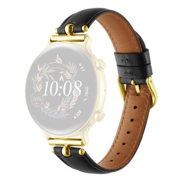 20mm Universal Smart Watch Band Genuine Cow Leather Strap Replacement - Black+Gold Buckle Buckle