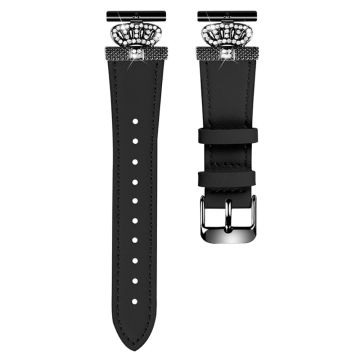 LG Watch Sport Wrist Band Rhinestone Crown Design Cowhide Watch Strap - Black