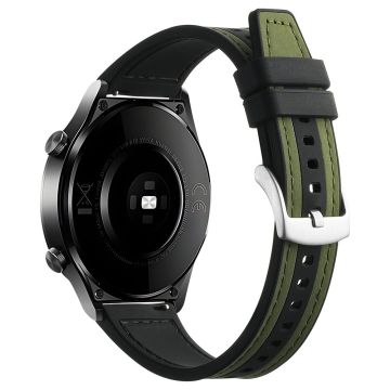 Samsung Galaxy Watch6 Classic 47mm 43mm / GarminActive 5 20mm Watch Band Cowhide Leather Silicone Strap - Green+Black