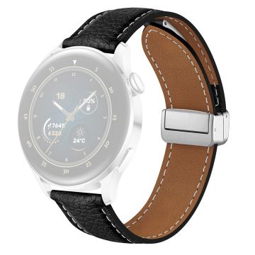 For Samsung Galaxy Watch3 45mm / Huawei Watch GT 4 46mm Leather Strap 22mm Magnetic Watch Band - Black