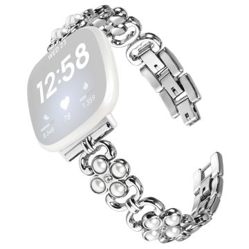 Fitbit Versa 4 / Fitbit Sense 2 Watch Strap Pearl Decor Four Leaf Clover Stainless Steel Wrist band  - Silver