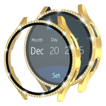 Samsung Galaxy Watch7 44mm Bump Resistant Watch Case Rhinestone Decor Cover with Tempered Glass Film - Gold