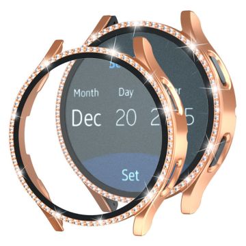 Samsung Galaxy Watch7 44mm Bump Resistant Watch Case Rhinestone Decor Cover with Tempered Glass Film - Rose Gold