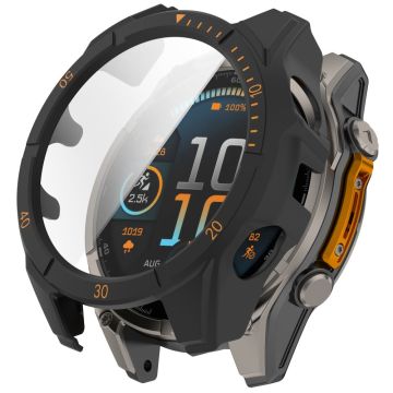 Garmin Fenix 8 47mm Watch Case PC Frame Cover with Tempered Glass Screen Film - Black+Orange