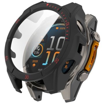 Garmin Fenix 8 47mm Watch Case PC Frame Cover with Tempered Glass Screen Film - Black+Red