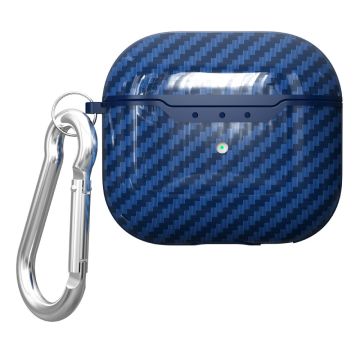 AirPods 4 Charging Case Cover Carbon Fiber Texture Bluetooth Earbuds Shockproof Flexible Case with Buckle - Navy Blue