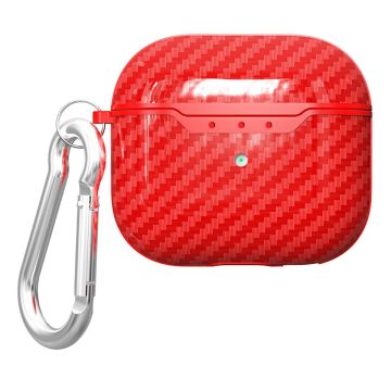 AirPods 4 Charging Case Cover Carbon Fiber Texture Bluetooth Earbuds Shockproof Flexible Case with Buckle - Red