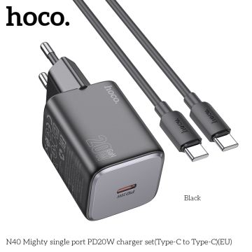 N40 Mighty single port PD20W charger set(Type-C to Type-C)(EU) - Black