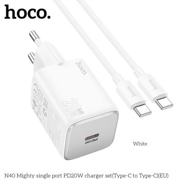 N40 Mighty single port PD20W charger set(Type-C to Type-C)(EU) - white