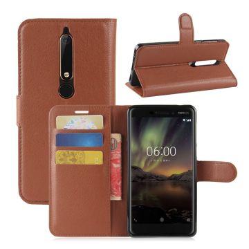 Nokia 6 (2018) litchi texture leather flip case - Brown