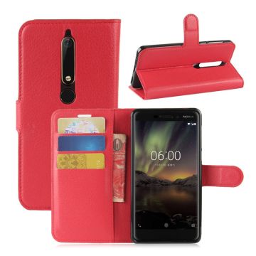 Nokia 6 (2018) litchi texture leather flip case - Red