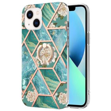 Marble patterned cover with ring holder for iPhone 14 Plus - Blue Flowers