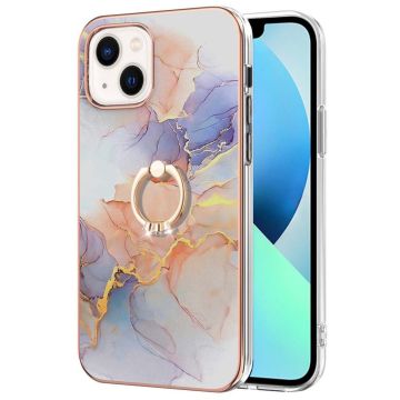 Marble patterned cover with ring holder for iPhone 14 Plus - Milky Way Marble White