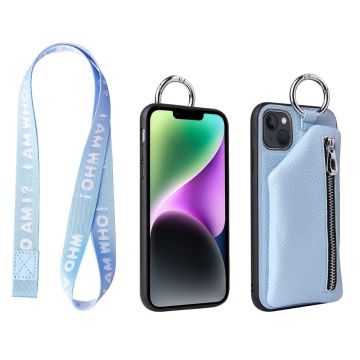 iPhone 14 Plus detachable leather cover with lanyard - Baby Blue