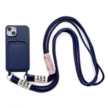 iPhone 14 Plus silicone cover with card slot and lanyard strap - Dark Blue