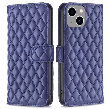 Rhombus pattern matte flip case for iPhone 14 Plus - Blue