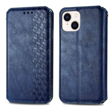 Leather case with a stylish rhombus imprint for iPhone 14 Plus - Blue