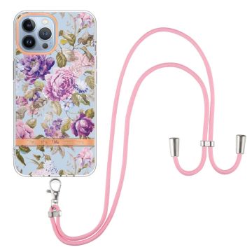 Slim and durable softcover with lanyard for iPhone 13 Pro - Purple Peony